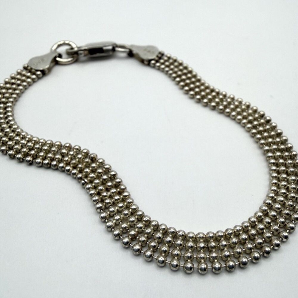 FAS 925 Sterling Silver Multi Strand Beaded Mesh Bracelet 7.5" 5.6g
